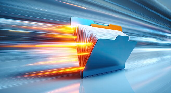Digital folder with glowing fast data streams, representing speed