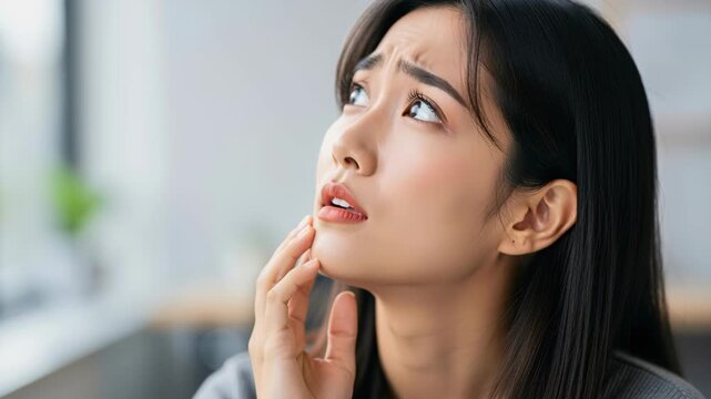 Concerned Woman's Contemplation: A young woman, her brow furrowed and eyes looking upwards, touches her cheek in a moment of deep thought or worry.