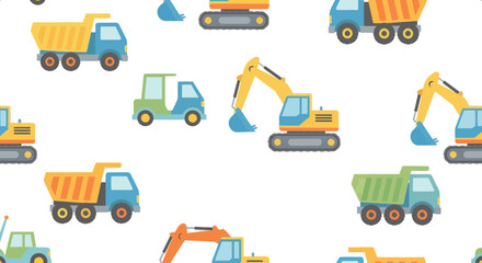 Cute Construction Vehicles Seamless Pattern: Dump Trucks & Excavators © Buku