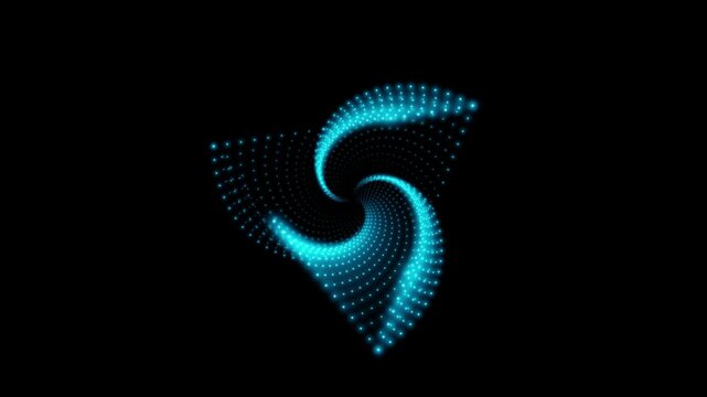 A rotating isosceles blue neon 3D triangle composed of small, alternately glowing dots isolated on a black background. Sacred geometry. 4K loop animation at 60 fps.