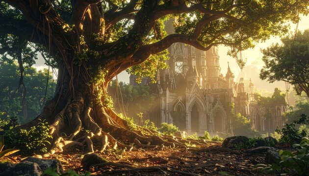 Roots- -The interior of a monolithic cathedral where the pillars 