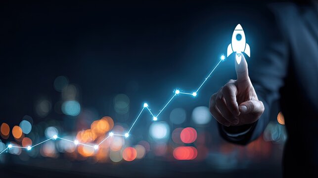 Finger points to rocket on upward growth chart against blurry city lights