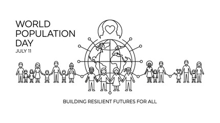 Fototapeta premium World Population Day illustration with diverse people holding hands around the globe.
