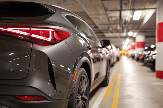 Sleek, dark SUV taillight gleams in a dimly lit, orderly parking garage row