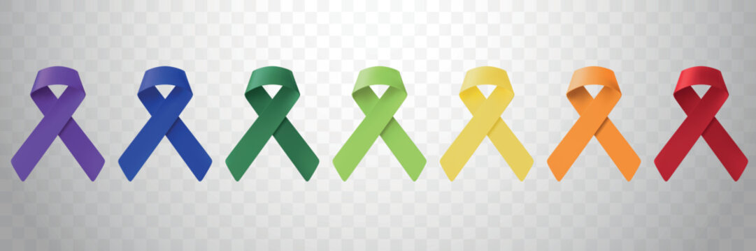Vector illustration of seven colorful awareness ribbons in a row.