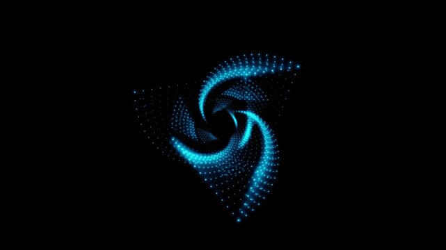 A rotating isosceles blue neon 3D triangle composed of small, alternately glowing dots isolated on a black background. Sacred geometry. 4K loop animation at 60 fps.