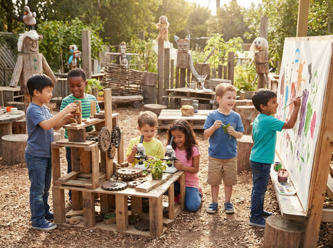 Diverse group of children building creative structures with cardboard, wooden blocks, and eco-friendly materials in a bright classroom, early childhood development concept