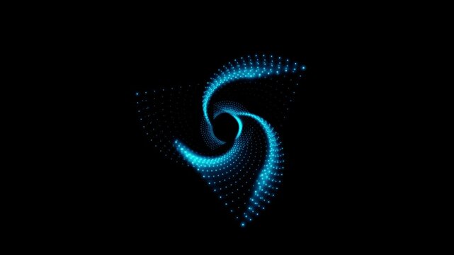 A rotating isosceles blue neon 3D triangle composed of small, alternately glowing dots isolated on a black background. Sacred geometry. 4K loop animation at 60 fps.