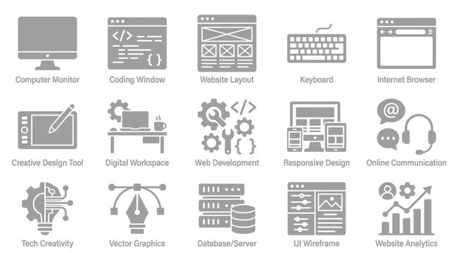 Collection of flat design icons representing web development, design, and technology concepts.
