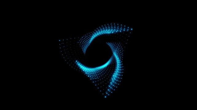 A rotating isosceles blue neon 3D triangle composed of small, alternately glowing dots isolated on a black background. Sacred geometry. 4K loop animation at 60 fps.