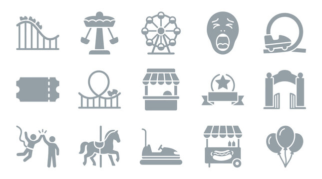 Collection of amusement park icons representing rides, attractions, and fun activities.