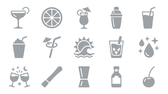 Collection of grey cocktail icons and symbols representing drinks, bar tools, and summer vacation elements.