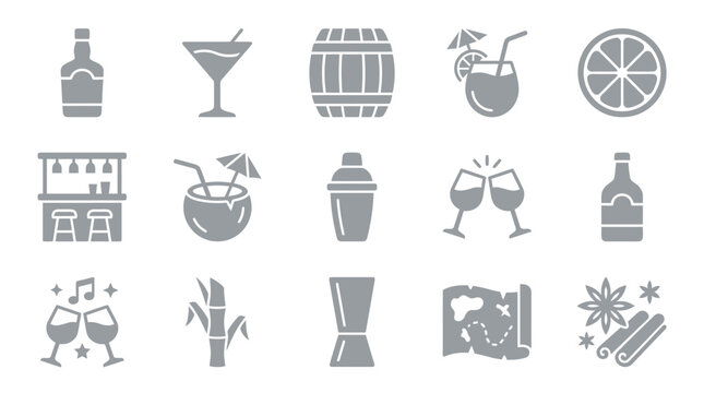 Collection of cocktail and bar icons, including drinks, ingredients, and bar accessories.
