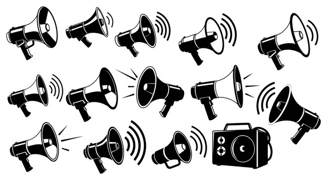 Black and white megaphone illustration set.