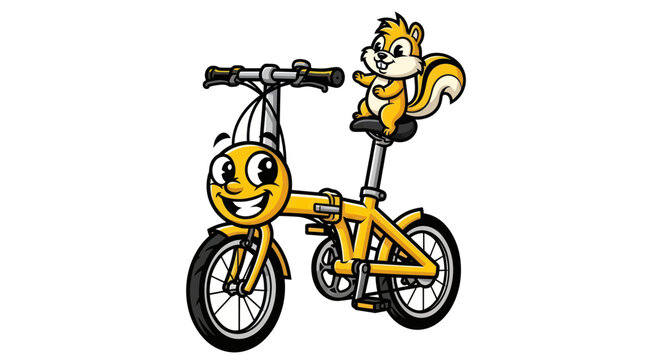 Smiling bicycle with cartoon squirrel rider.