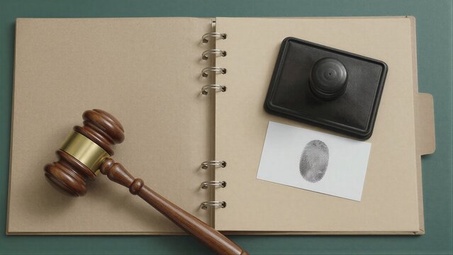 Wooden gavel stamp and fingerprint on a legal notebook.