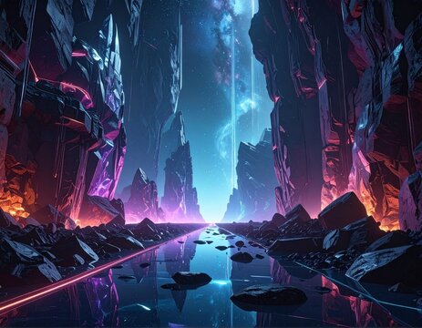 Crystals embedded in jagged rock formations cast a warm red glow onto the damp, dark floor of a vast underground passage that stretches toward a distant point of bright, ethereal cyan illumination.