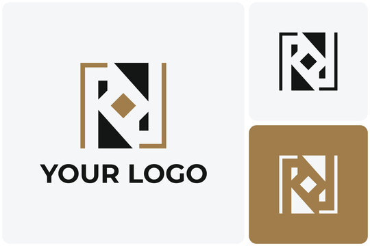 A modern abstract graphic illustration of a geometric monogram logo consisting of interlocking linear letters r arranged symmetrically inside a square shape template.