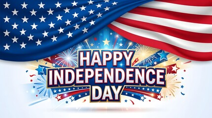 Obraz premium Patriotic United States Independence Day background with a realistic waving American flag on top and text on a light blue bokeh backdrop.