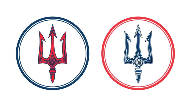 Trident logos in circles red blue.