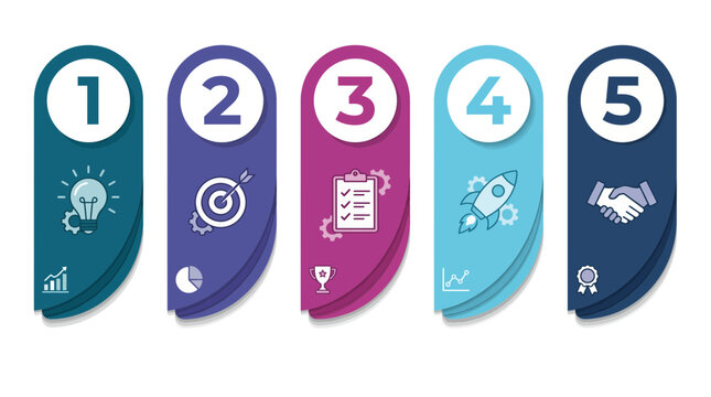 Modern infographic template with five vertical numbered steps and business icons on white background, illustrating project workflow and representing corporate growth strategy
