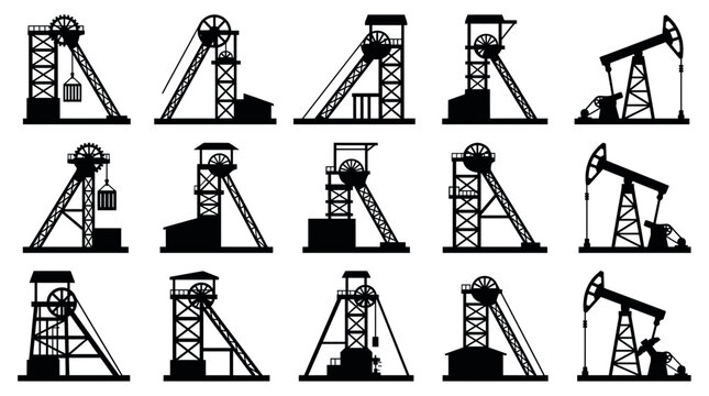 Collection of black silhouettes featuring various industrial mining headframes and oil pumpjack extraction rigs, illustrating global energy production and heavy mineral industry equipment