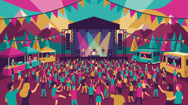 Vibrant outdoor music festival with a band on stage performing for a large dancing crowd near food trucks and tents, representing seasonal entertainment and symbolizing community celebration