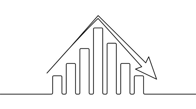 Continuous one line drawing of a business bar chart with a rising and falling arrow, symbolizes market volatility and provides a visual concept for economic recession or financial crisis