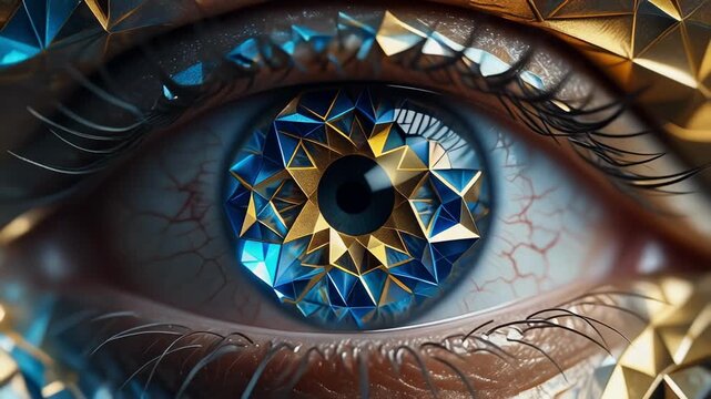Close up of human eye with mesmerizing blue and gold geometric pattern artistic design