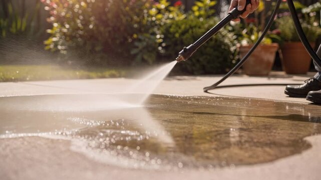 Powerful patio cleaning with pressure washer spraying water for outdoor surface maintenance