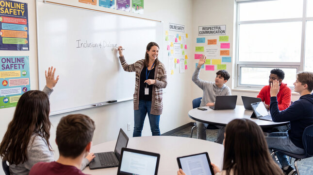 A teacher writes on a whiteboard while students sit at desks with laptops in a classroom setting promoting inclusion and dialogue