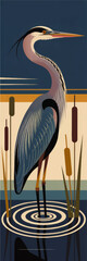 Naklejka premium Elegant blue heron illustration standing in calm marsh water with cattails, modern minimalist wildlife art for nature wall decor
