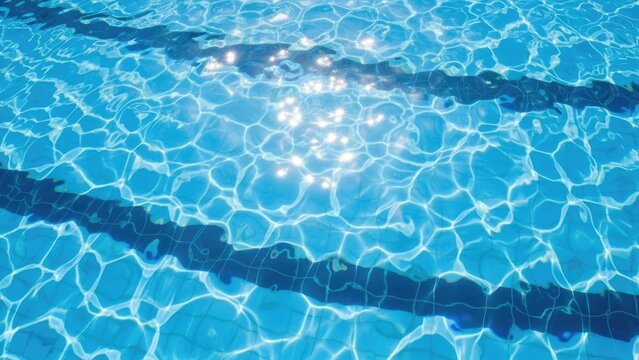 Blue swimming pool water surface with ripples and lane lines.