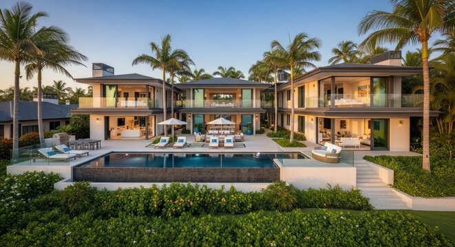 Symmetrical Modern Villa with an Illuminated Pool and Palm Trees at Tranquil Twilight.
