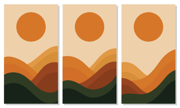 Minimalist Boho Summer Desert Triptych with Terracotta and Olive Green Hills