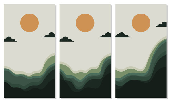 Minimalist Sage Green Forest Mountain Triptych Wall Art with Clouds and Sun