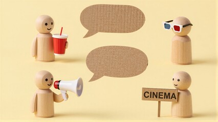 Naklejka premium Wooden figures represent cinema with popcorn 3D glasses and a