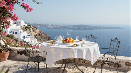 Fototapeta premium Cozy table set for breakfast overlooking Greek islands with vibrant