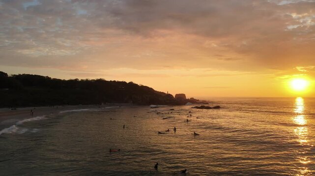 Cinematic Golden Hour Drone Shot of Zicatela Surf Beach in Oaxaca Mexico