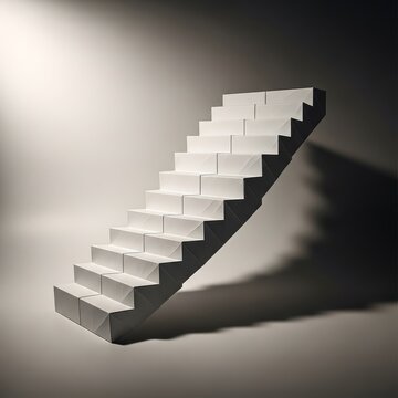 Elegant origami staircase made of crisp white paper showing architectural folds and soft shadows against a minimalist neutral backdrop, climb, white, clean