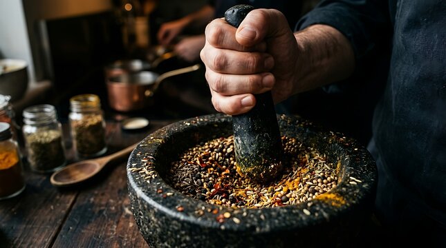 Hand Grinding Spices IN Mortar.