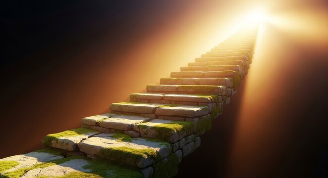Floating stone steps lead toward a bright horizon with glowing light, representing a steady path of positive growth and constant evolution, improvement, texture, beginning