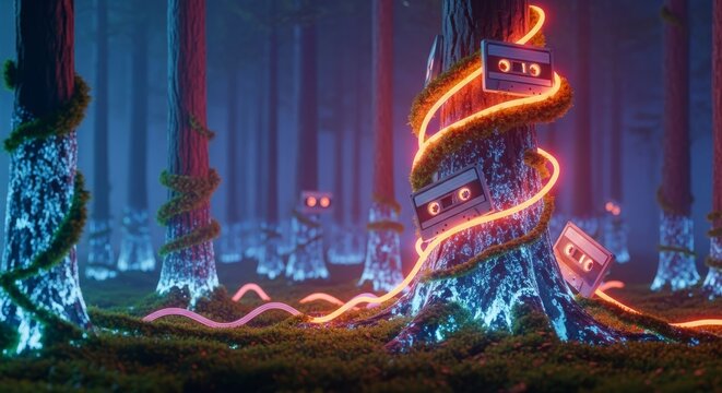 Glowing cassette reels merge with bioluminescent trunks in a dense neon woods where analog technology grows alongside wild moss and vines, moss, scenery, metal