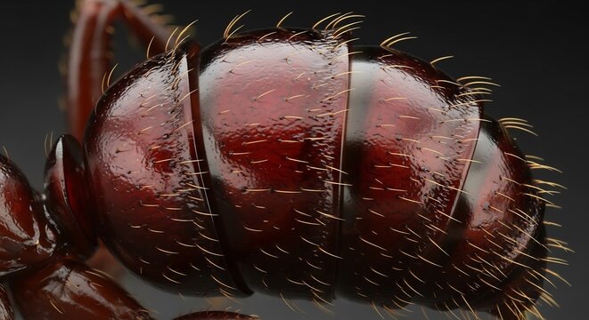 Extreme Macro Close-up of a Red Ants Abdomen with Bristles.