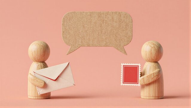 Two wooden figures exchange mail and a stamp symbolizing