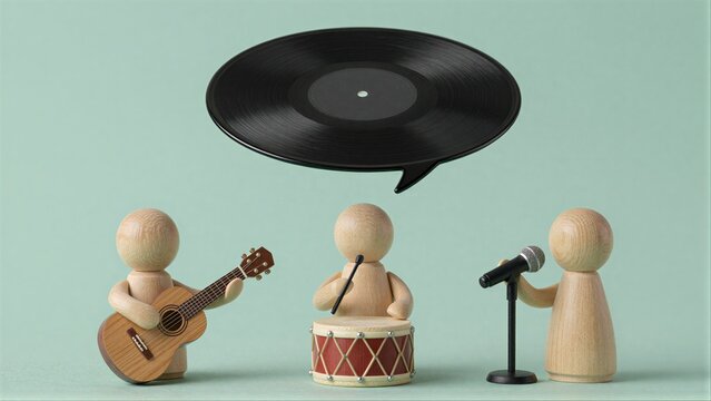 Wooden musicians play instruments under a floating vinyl record.
