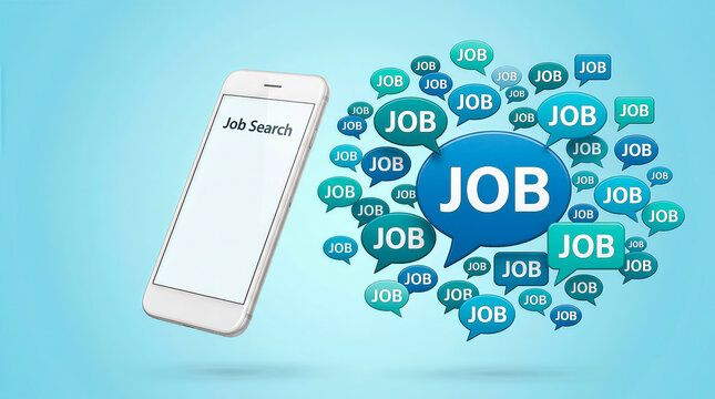 A Smartphone displaying job search application with floating blue speech bubbles