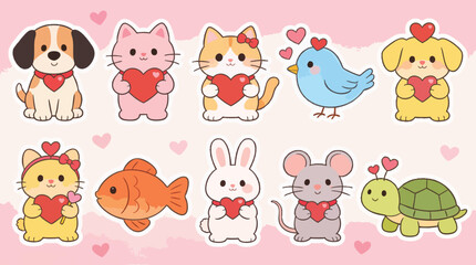 Fototapeta premium Cute Valentine Pets Collection with Hearts: Dog, Cat, Rabbit, Bird and Fish Sticker Set