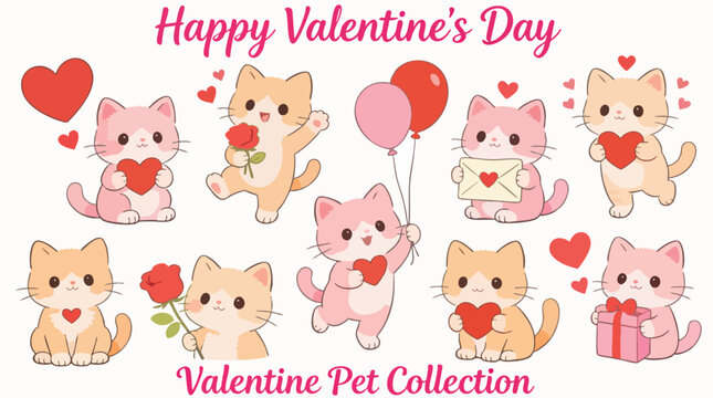 Cute Valentine&rsquo;s Day Cat Doodle Vector Set - Kawaii Kitten Graphics for Lovers