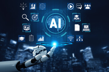 Fototapeta premium Futuristic Robotic Hand Showcasing Artificial Intelligence Concepts and Data Visualization Against a Night Cityscape Background Quark.